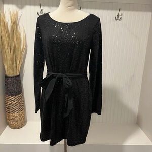 Express Sequined Long Sleeve Black Mini Dress- NWOT- Belted Sparkle Flashy- SZ L